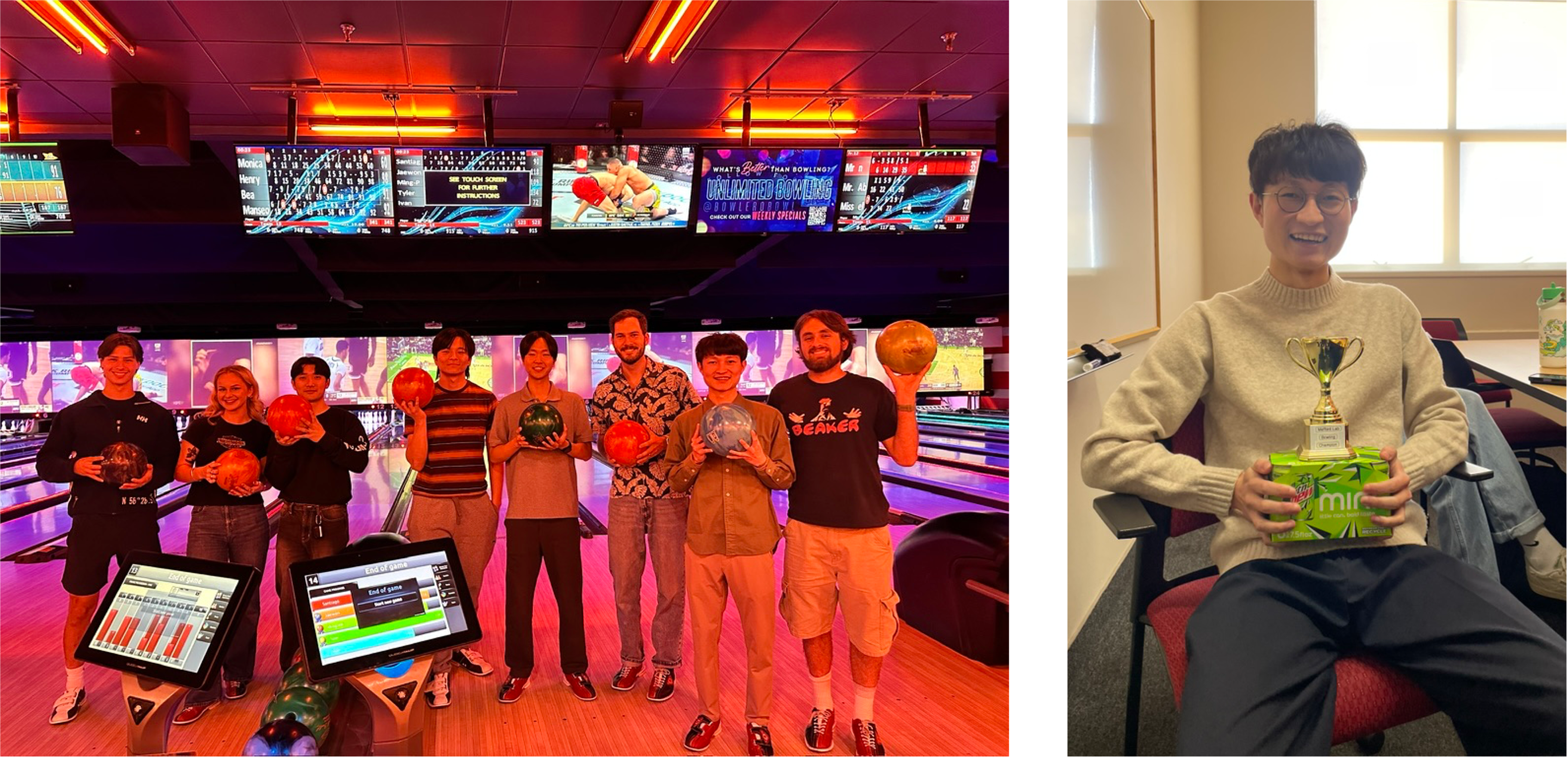 Group photo of Mefford Group bowling, and Ming-Pei holding a trophy